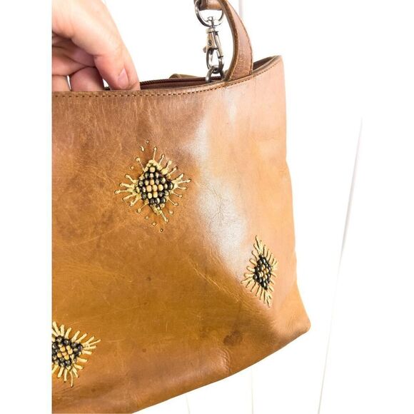 Rolf’s Tan Leather Crossbody Bag With Diamond Bead Design Boho Vintage - Picture 3 of 16